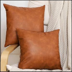 2 Faux Leather Cognac Pillow Covers